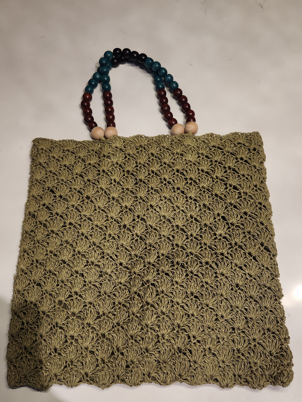 ZARA Green Woven Paper Tote Bag Wooden Handle